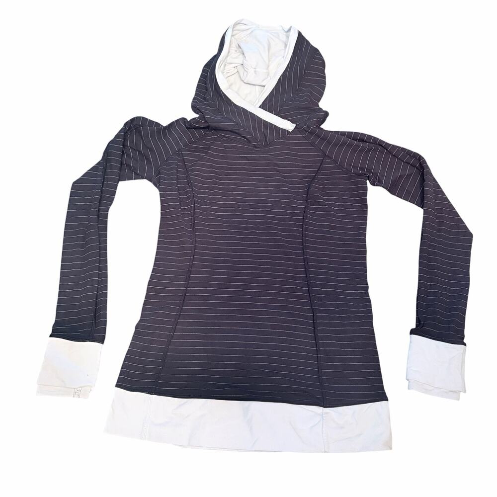Lululemon Striped Hooded Pullover Size 6 Black / White Cotton Lined Zip Pocket